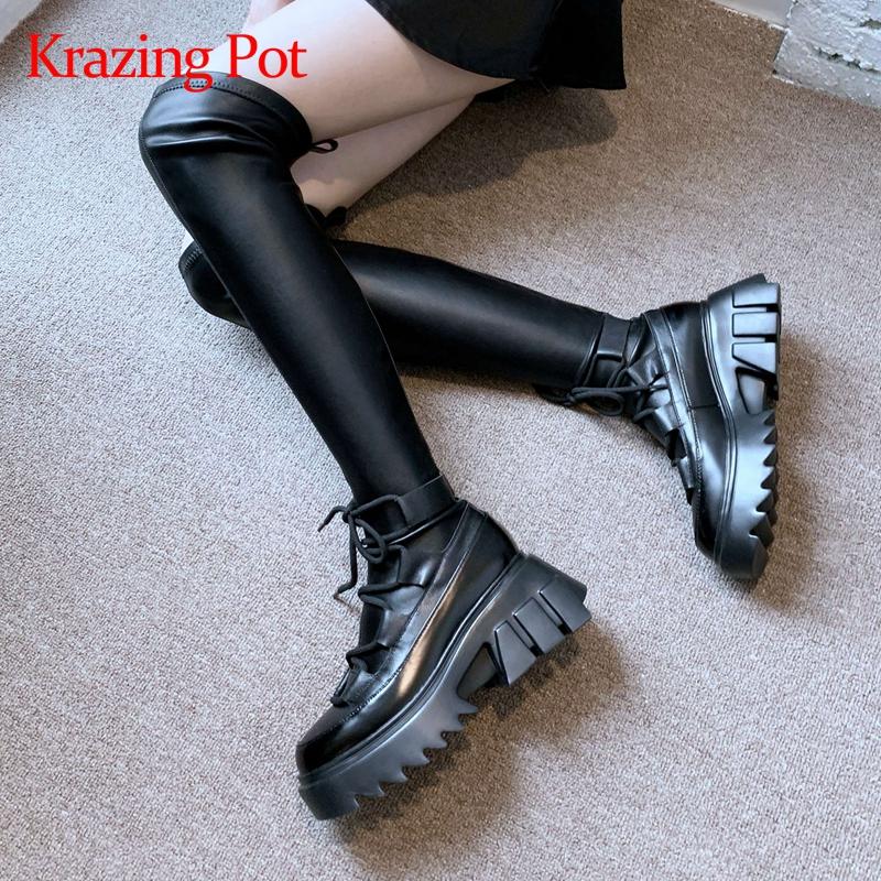 

Krazing pot new genuine leather round toe thick bottom winter shoes classic colors young lady streetwear over-the-knee boots L43, Black