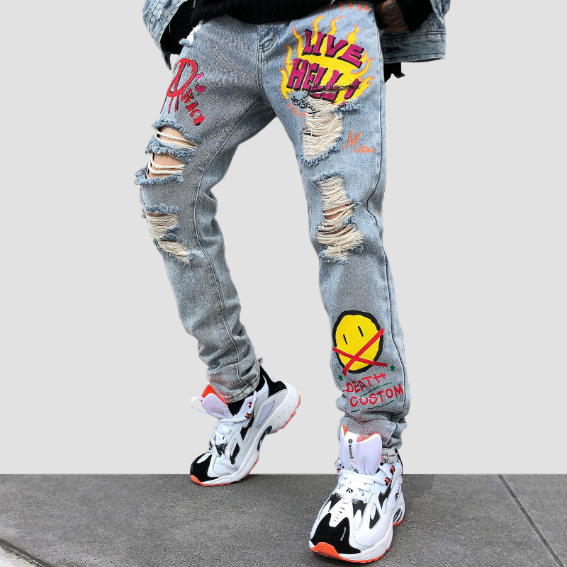 

2020 Smiley-face Torn Graffiti Brim-hip-hop Jeans Streetwear of the Haphazard Distressed Fashion Men 4917, Blue
