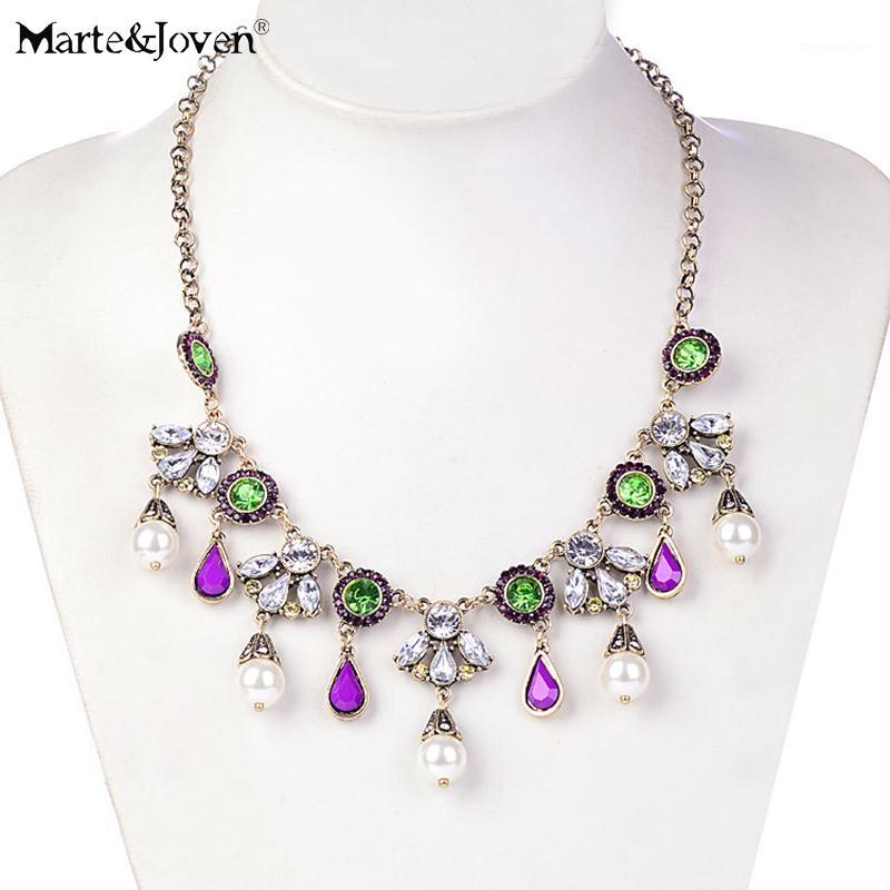 

[Marte&Joven] Vintage Women Style Jewelry Pearl Water Drop Flowers Pendant Chain Necklace Wholesale Choker Necklaces1