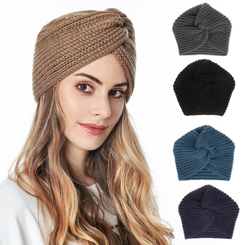 

Women Muslim Winter Crochet Knitted Turban Beanie Hat Twist Cross Knotted Solid Color Casual Warm Chunky Skull Cap Wrap, White