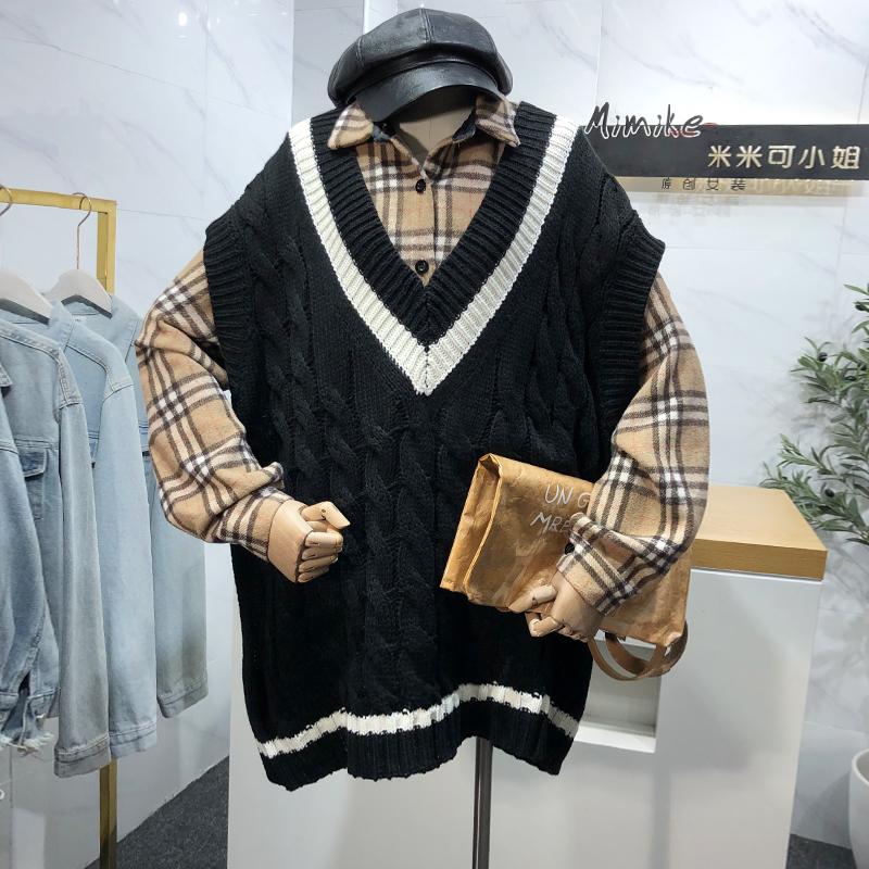 

Korean Style College Style V-neck Sleeveless Sweater Vest Women's 2021 Autumn Long Loose Color Matching Vest Fashion Trend, Black