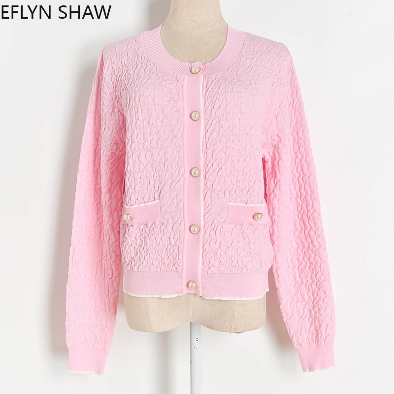

2021 New Sweaters Fashion Pearl Buckle Crinkled Kint Cardigan Around the Neck Long Sleeve Pink Jumpers Contrast Blouses YW0F, White