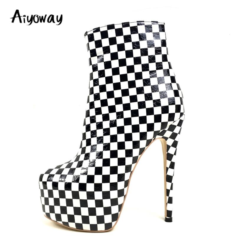 

Aiyoway Women Ankle Boots Autumn Winter Party Ladies Platform High Heel Dress Sexy Booties Black &White Grids Big Size US 5~14, White grid