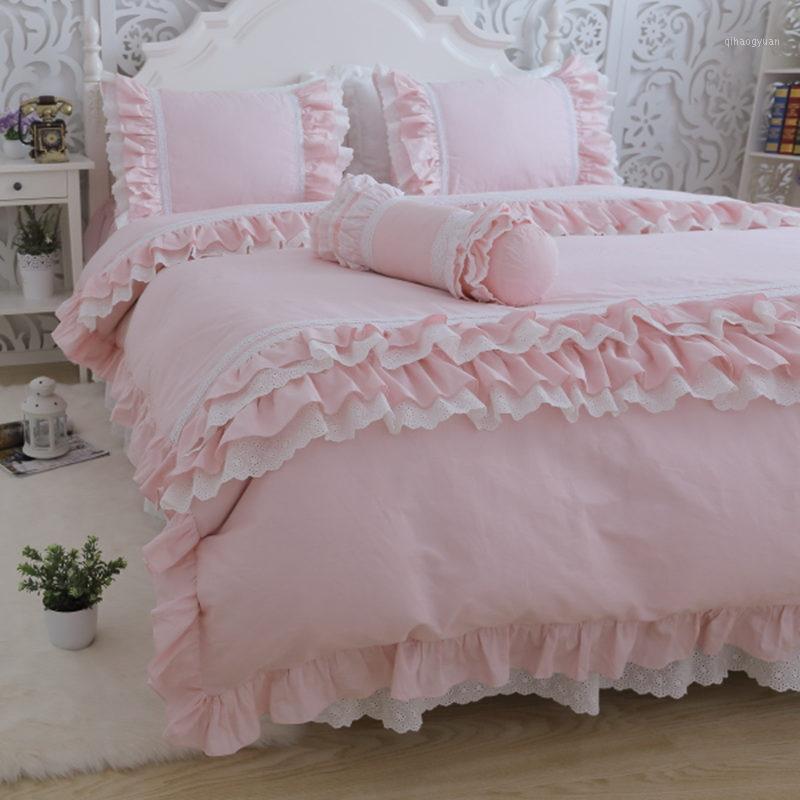 

Amazing luxury bedding set pink queen lace ruffle lace duvet cover bedspread bedskirt princess bed linen pillow case HM-010P1, As pic