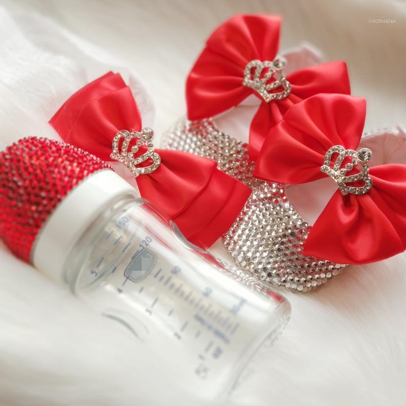 

Dollbling Baby Red Shoes Headband Newborn Bottle Gift Set Rhinestons Stunning Wedding Occasion Baby Sparkly Ballerina1, Red set