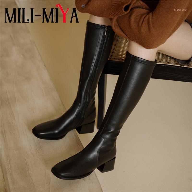 

MILI-MIYA Fashion Women Cow Leather Riding Boots Knee High Round Toe Square Heels Zipper Size 34-40 Handmade For Ladies1, Black-a