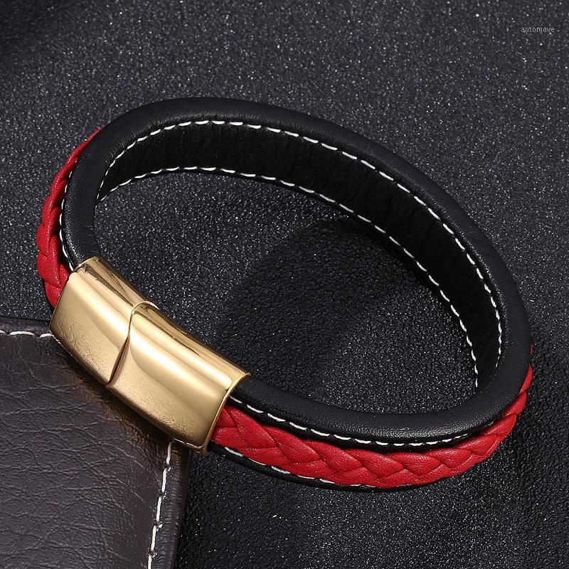 

Black Red Braided Leather Bracelet Gold Stainless Steel Magnetic Buckle Punk Charm Bangles Men Fashion Jewelry Gifts S02181