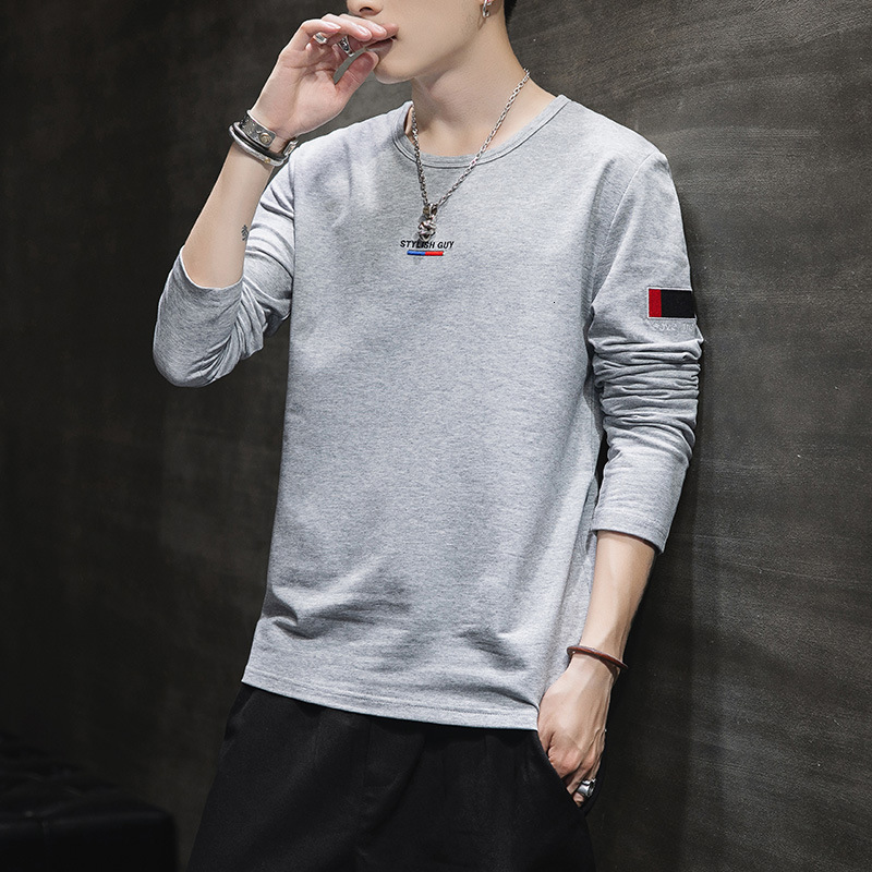 

2021 T-shirt Spring Autumn Long Sleeve O-neck t Shirt Men Brand Clothing Fashion Patchwork Cotton Tee Tops Wzhw, Gray