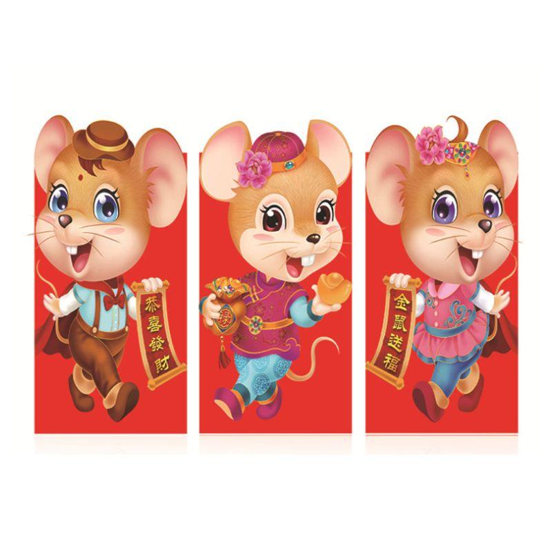 

6pcs/set 2021 Chinese New Year Red Money Envelope Year of the Rat Packet Bags E56E