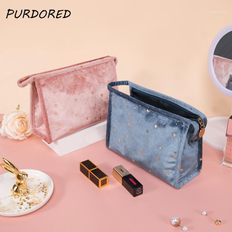 

PURDORED 1 Pc New Fashion Women Cosmetic Bag Zipper Gold Star Velvet Makeup Bag Soft Female Travel Make Up Pouch Beauty Case1, Blue