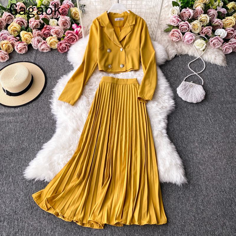 

Gagaok Office Lady Double Breasted Women Fashion Dress 2020 Spring Autumn New Lapel Button Top +midi Wild Korean Skirts K3797, Red