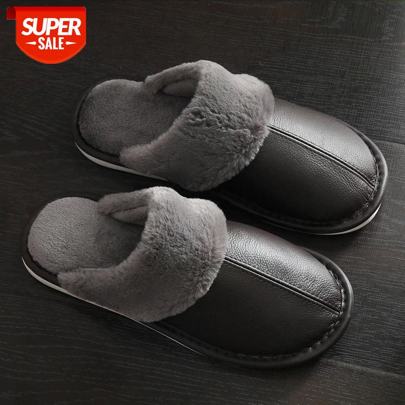 

Home slippers for men Large size 45-46 Indoor slippers men PU Leather Waterproof Male Winter Plush Warm #gm9q, Black