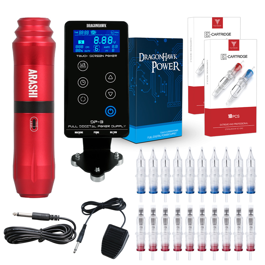 

Dragonhawk ARASHI Rotary Tattoo Kit Pen Machine LCD Dual Power Supply