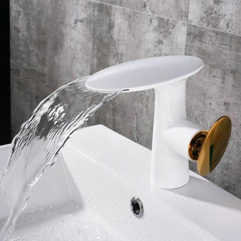 

Bathroom Waterfall Basin Faucet White and Gold Finished Sink Mixer solid copper Hot and Cold Tap Sink Taps Basin Faucet1