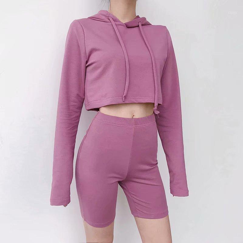 

2 Pieces Jogging Suits for Women Long Sleeve Hooded Sweater Shorts Fitness Set Elastic Crop Top Shorts Sport Suits Workout Set1, Beige