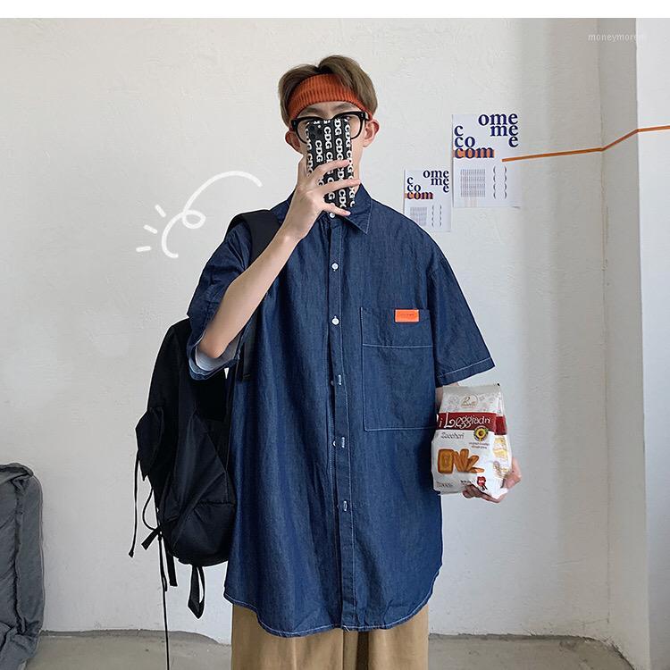 

Summer Short Sleeve Jean Shirts for Mens Plain Tops Chemise Homme Camisas Para Hombre Streetwear Camisas Hombre Verano1, Light-blue