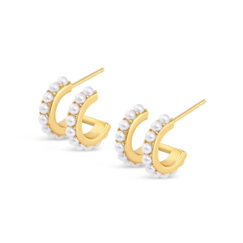 

LOZRUNVE Jewellery 925 Silver Bohemian Dainty Small Double Pearl Huggie Hoop Earring Gold