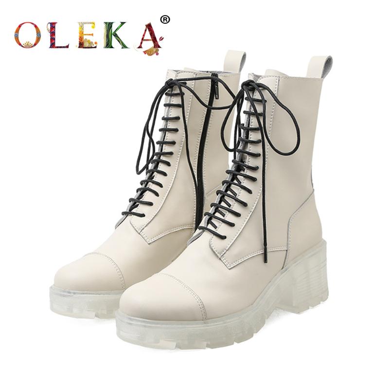 

OLEKA Leather Mid-calf Winter Boots For Women Square Heel Rome Round Toe Leather Boots Women Fashion Style Basic New AS704, White