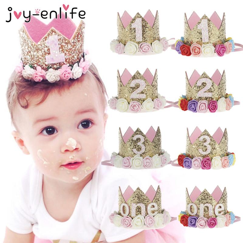 

JOY-ENLIFE Flower Crown Newborn Headband Gold Birthday Crown 1 2 3 Year Number Priness Style Birthday Hat Baby Hair Accessory