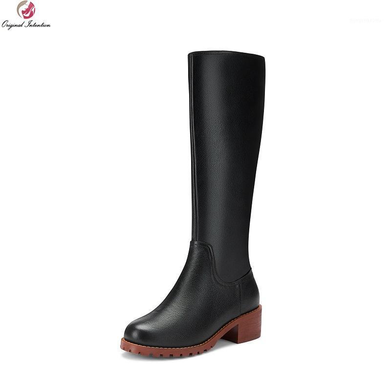 

Original Intention Elegant Women Knee High Leather Boots Round Toe Square Low Heels Boots Black Brown Shoes Woman Plus Size 5-121, Oi1197 black