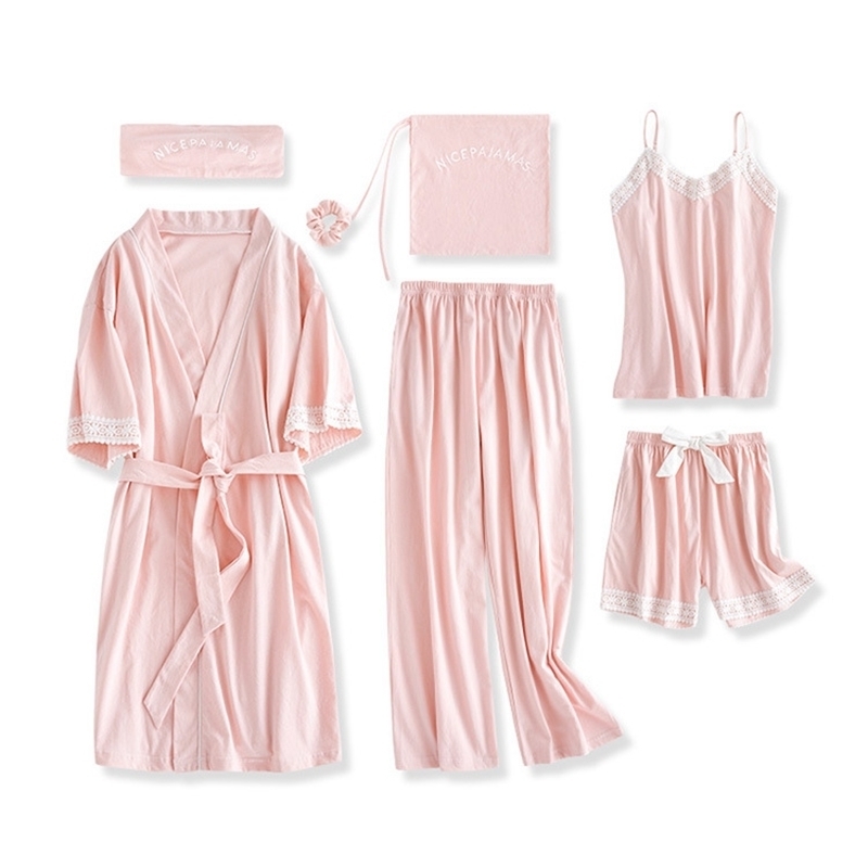 JULY'S SONG 7 Pieces Pajamas Set 100 Cotton Women Suits Long Sleeve Top Elastic Waist Pants Lounge Sleepwear 201113Z