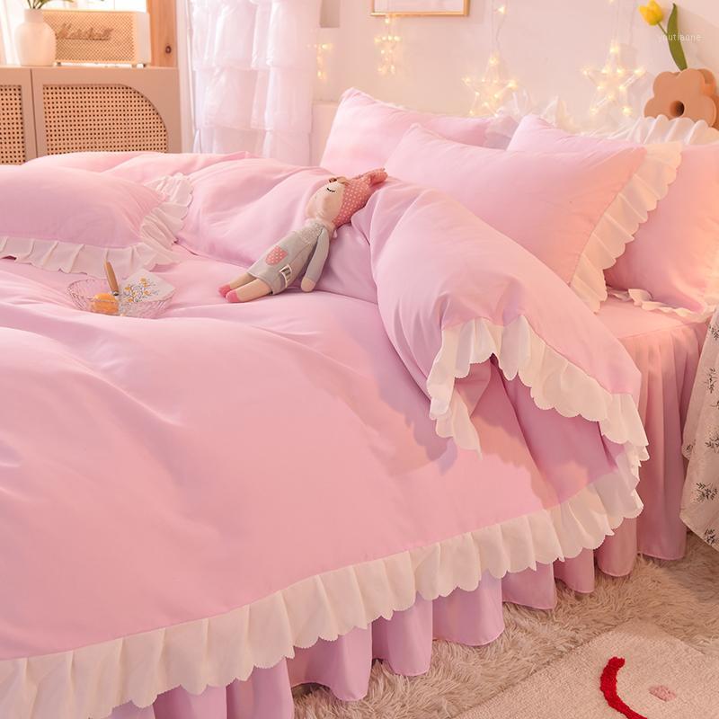 

Princess Bedding Set Solid Pink Ruffles Korean Duvet Cover+Bed Skirt Or Flat Sheet+Pillowcase Wedding Bedclothes Home Textile1, Dark green