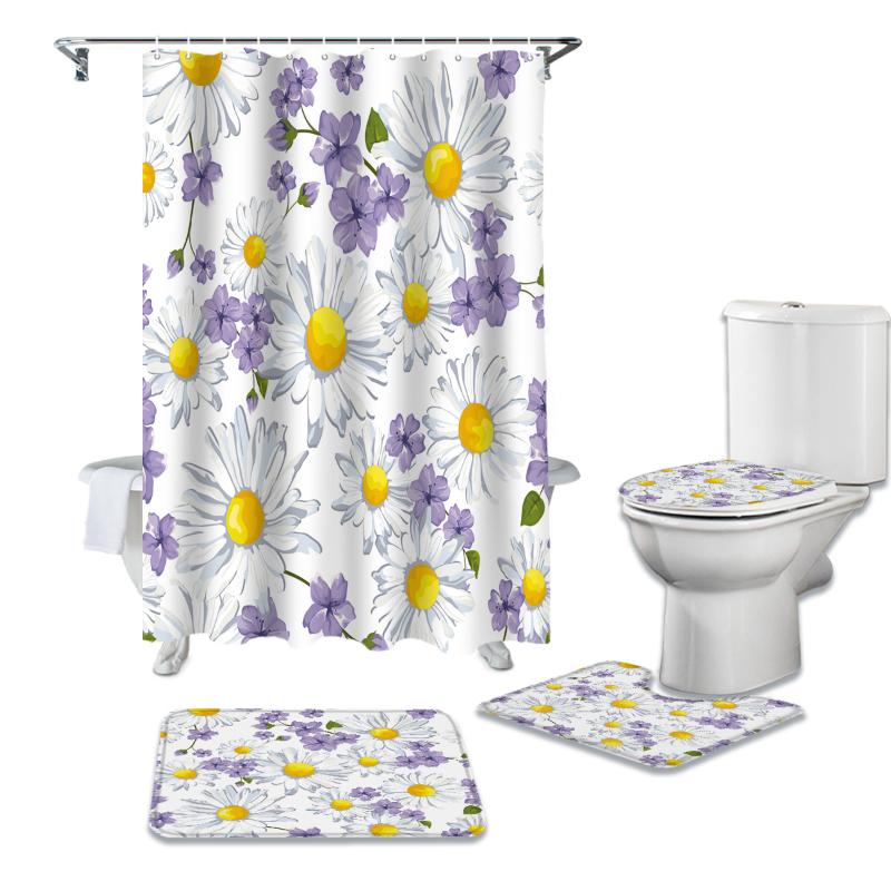 

Daisy Purple Classic Design Spring Shower Curtains Bathroom Curtain Bath Sets Toilet Cover Mat Non-Slip Washroom Rug Set