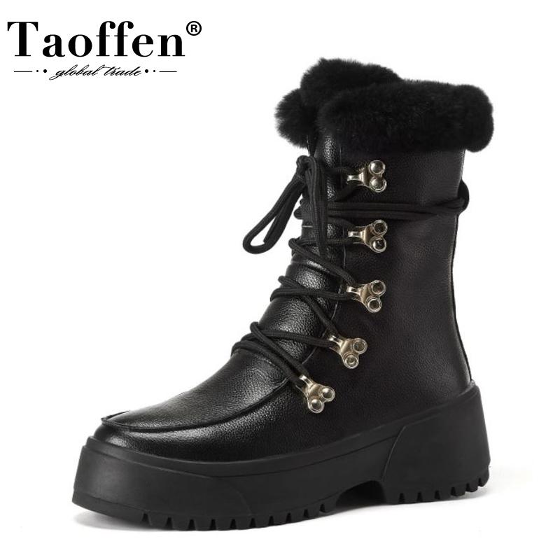 

TAOFFEN Women Snow Boots Real Leather Plush Fur Warm Winter Shoes Woman High Heel Short Boots Lady Footwear Platform Size 34-39, Black