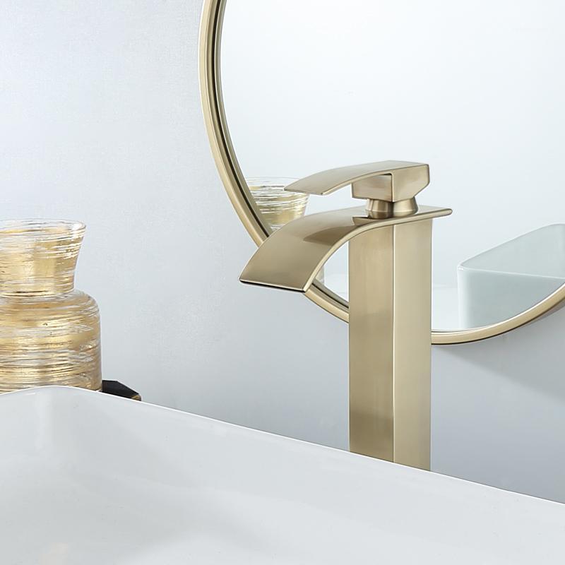 

Tuqiu Hot cold basin faucet Waterfall Bathroom Vanity Sink Faucet Single Lever Brush gold Brass Hot and cold Basin Washing Taps1