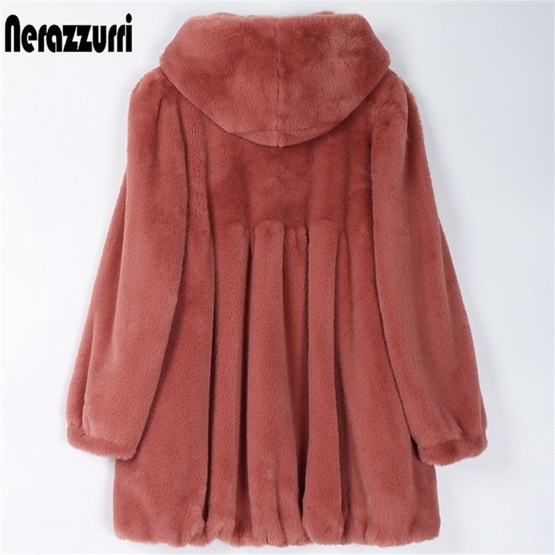 

Nerazzurri Pleated light soft faux fur coat women with hood Skirted fluffy jackets for women Womens plus size fall fashion 201214, Sorm green
