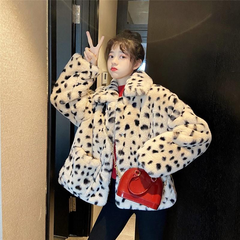 

Winter Warm Thick Jacket Women Fashion Vintage Leopard Stand Collar Zipper Outwear Lady Loose Faux Fur Lamb Plush Top Coat