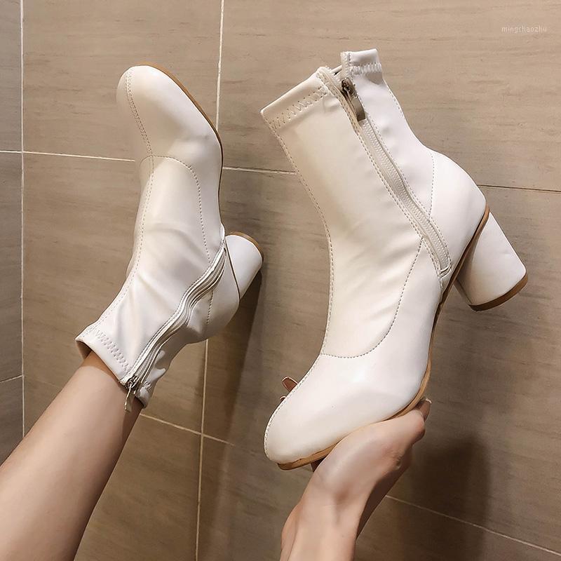 

Trendy Round heels zipper boots women shoes 35-40 square toe short skinny botas microfiber leather high heels riding boots 20201, Black