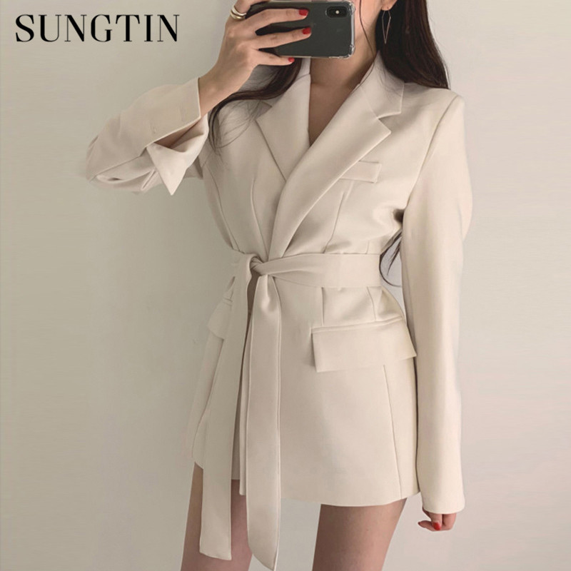 Sungtin Office Lady Tailored Coat Women OL Elegant Black Beige Blazer Jacket Long Outwear Sashes Autumn New Fashion Blazers 201114Z