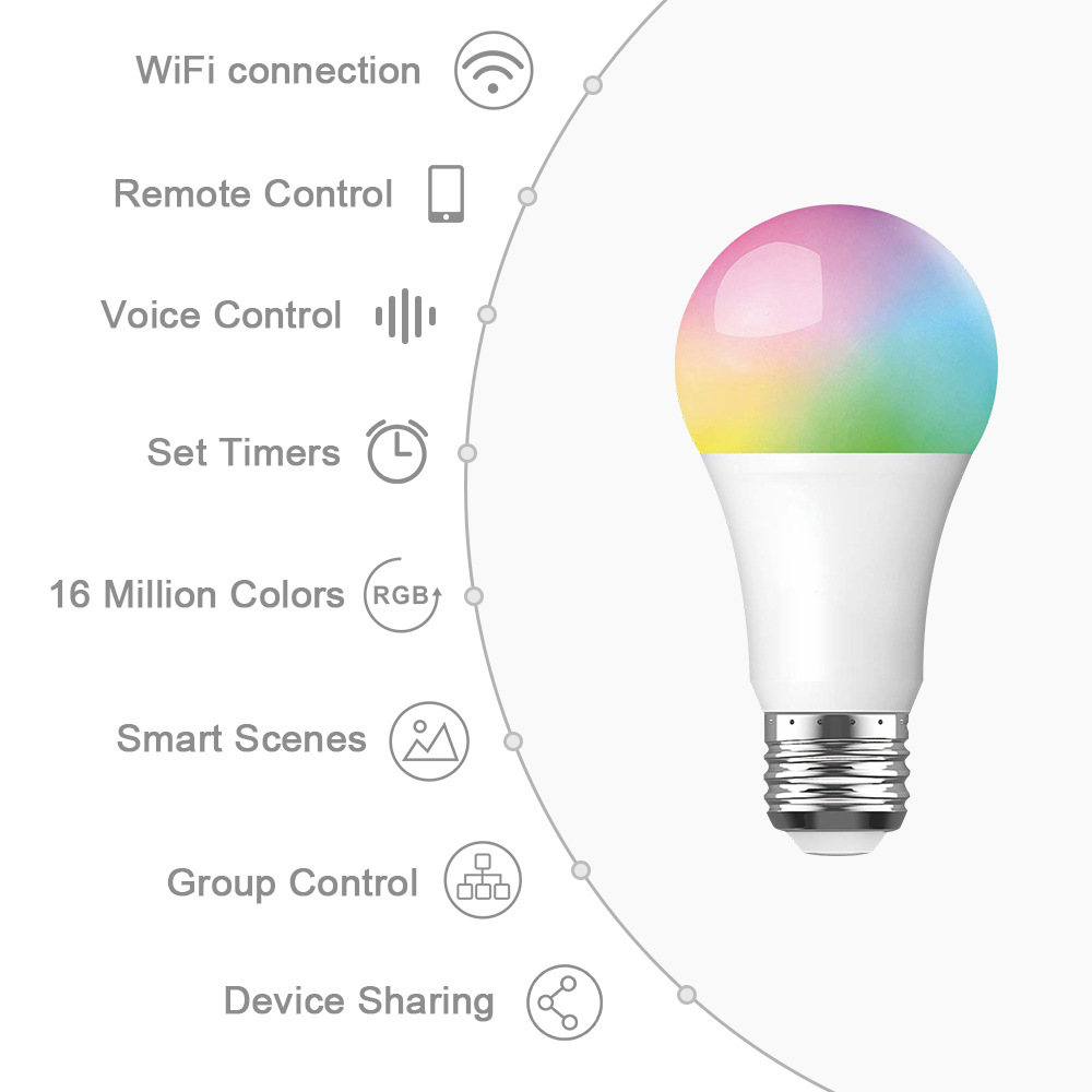 

10W WiFi Smart Light Bulb Illumination B22 E27 E26 LED RGB Lamp Work with Alexa/Google Home 85-265V RGB+White+Cold Dimmable Timer Function Magic Bulb