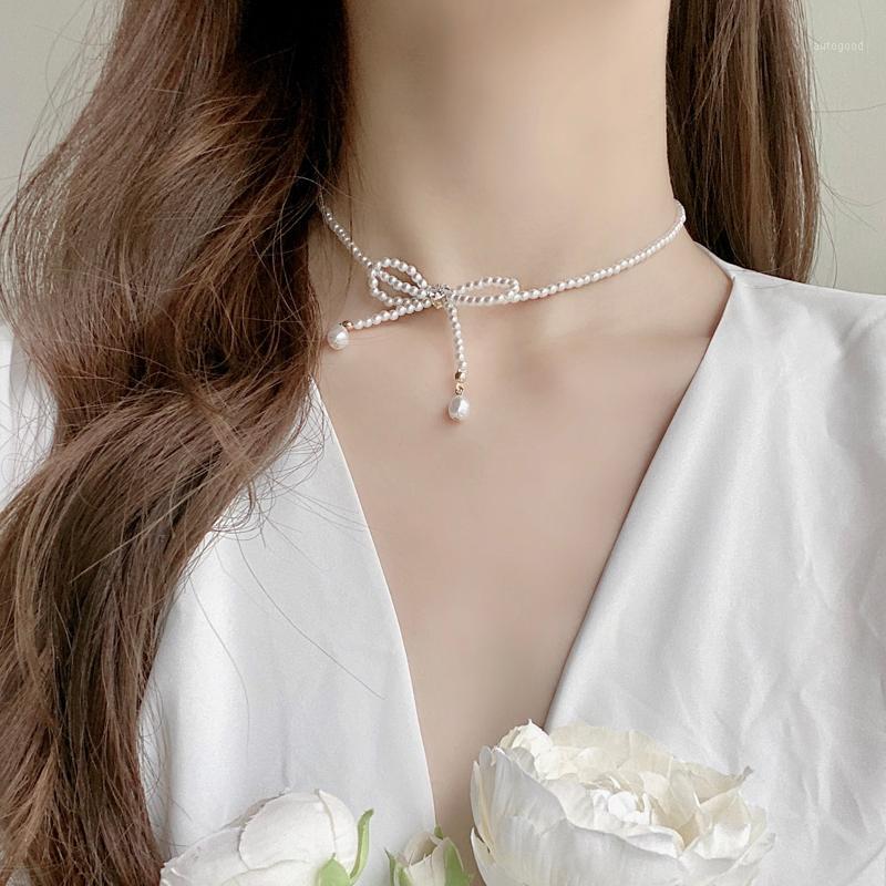 

Chokers Sweet Pearl Necklace Personality Temperament Bow Neck Chain Net Red Ins Wind Clavicle 15131