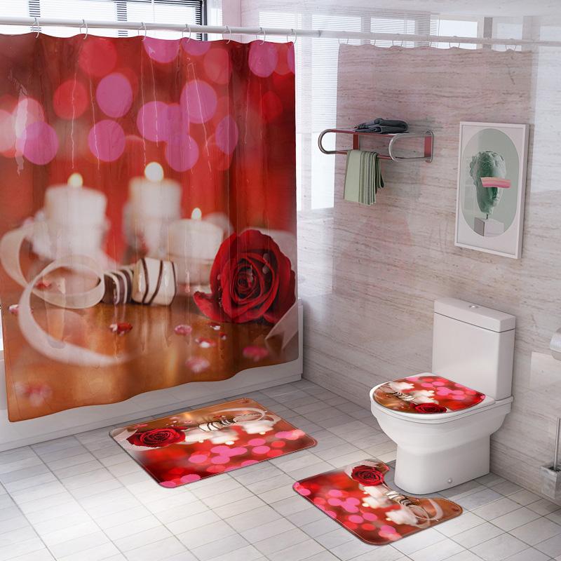 

4 Pcs Polyester Shower Curtain Bath Mat Toilet Cover Rug Bathroom Decor Set