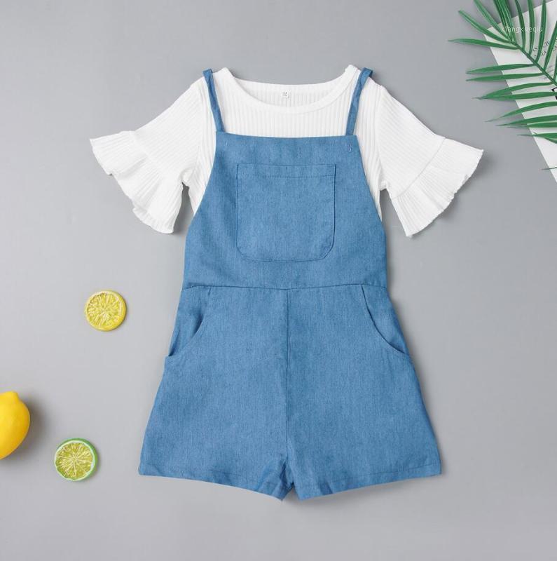 

Toddler Kid Girls Clothes Set White Ruffle Knitted T Shirt Denim Overalls Jumpsuit Outfit Casual Children Costumes Girls 3-7Y1, Blue