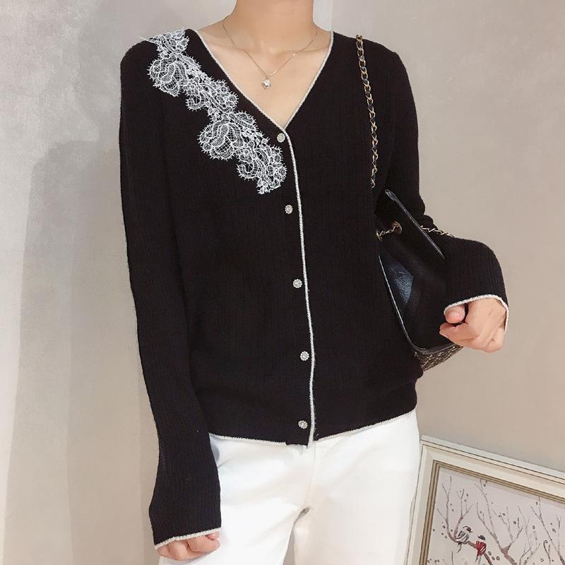 

2020 autumn outfit new European lace stitching female v-neck sweater cashmere wool knitting cardigan coat outside, Black