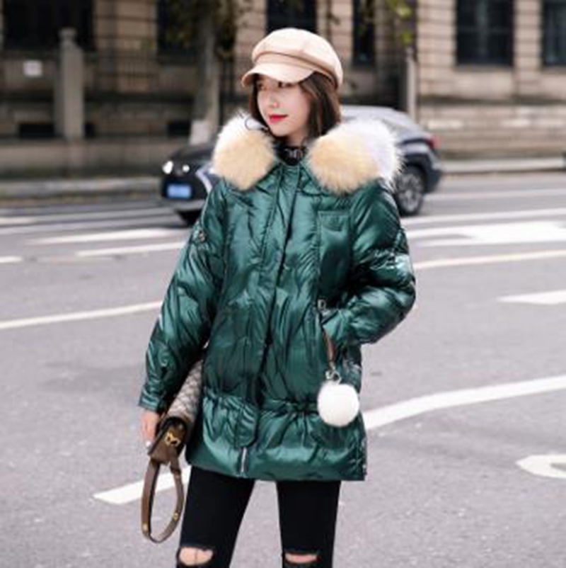 

Wholesale women's new mid-length shiny big fur collar thick winter jacket, Gold