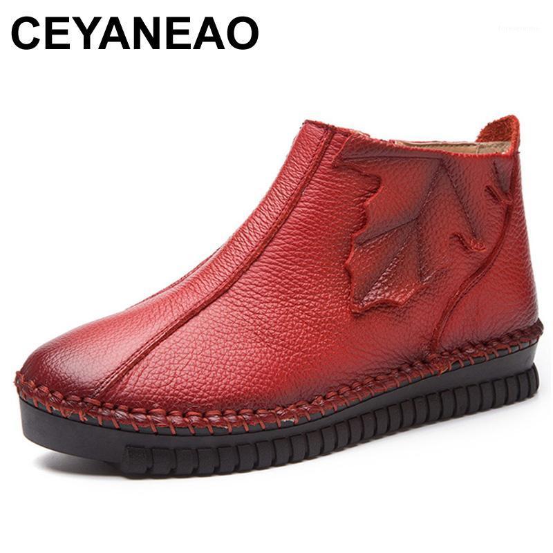 

CEYANEAO Plus Size 35-43 Autumn Winter Women Boots Soft Genuine Leather Flat Ankle Boots Women Warm Casual Shoes Zip Short1, Without plush black