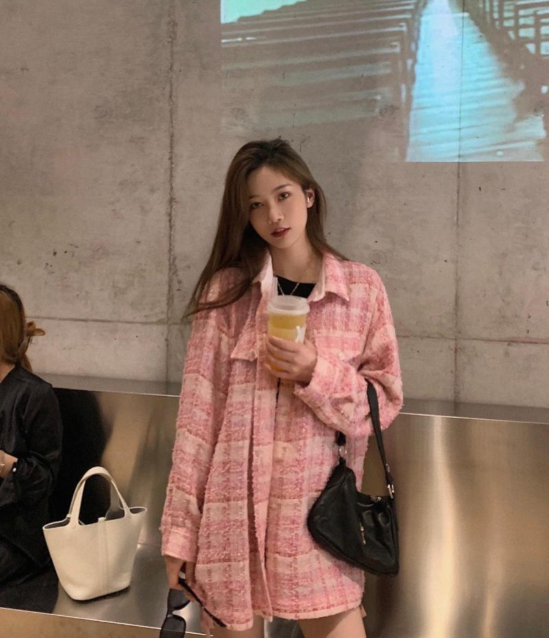 

2020AW fashion new women plaid tweed jacket coat for ladies loose luxury coat ddxgz2, Pink
