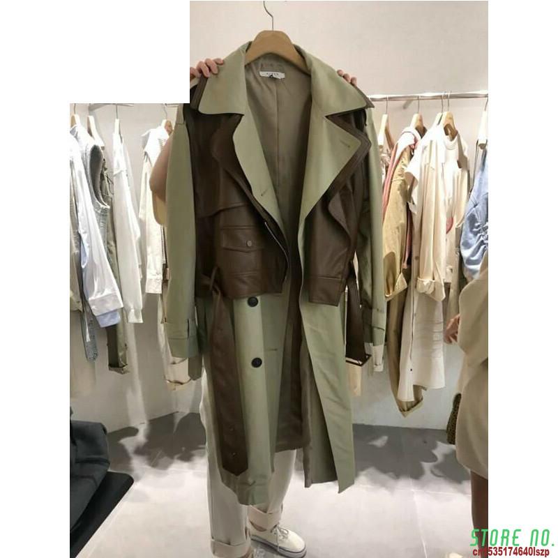 

Winter Cool PU Leather Long Coat 2020 New Women Loose Belt Faux Leather Windbreaker Trench Coat Slim Autumn, Army green