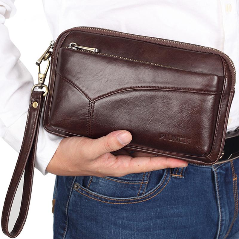

Genuine Leather Men Wallets Large Capacity Cell Phone Pocket Double Zipper Men Clutch Wrist Bag Card Holder Male Business Wallet, Brown
