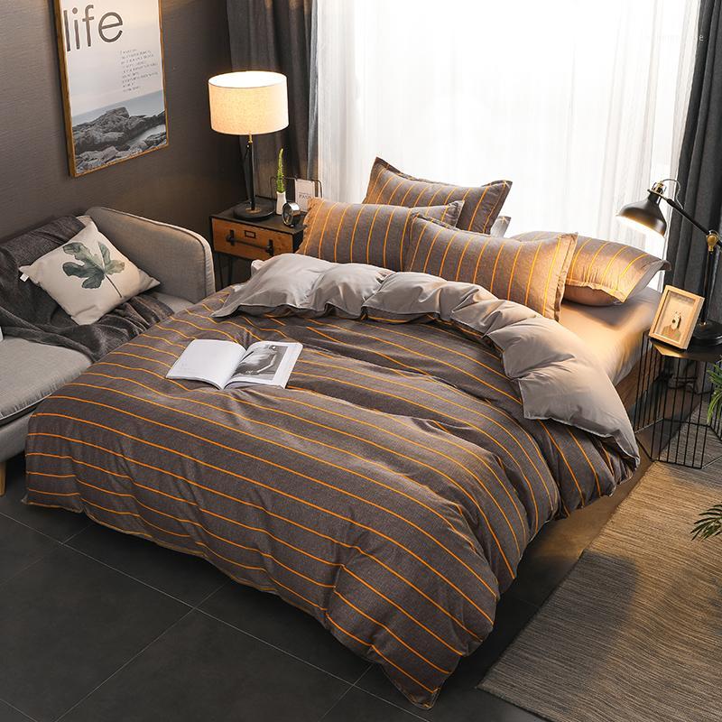 

BEST.WENSD California king grey bedclothes bed linen Cotton Simple stripe bed comforter Bedding Four piece set duvet cover sets1, As picture