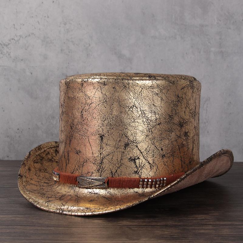 

3 Size Women Leather Top Hat President Lday Fedora Hat Magic Flat Steampunk Cosplay Pork Pie Party Caps Dropshiping 13CM, Gold