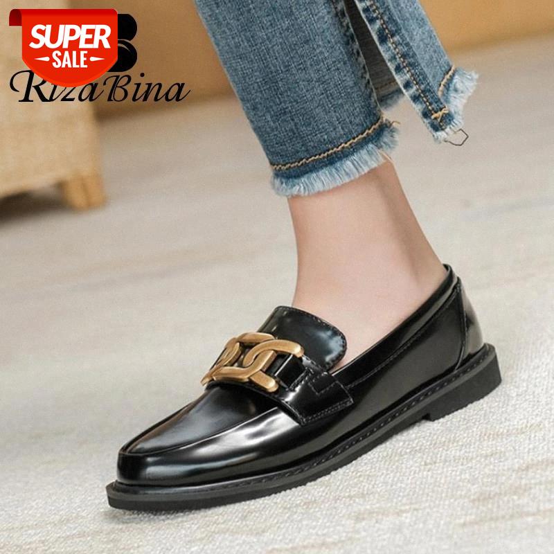 

RIZABINA Women Real Leather Flats Round Toe Metal Chain Slip On Casual Fashion Spring Ladies Footwear Size 32-43 #Me9T, Black