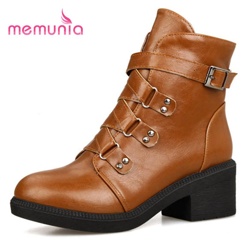 

MEMUNIA punk buckle fashion boots elegant round toe thick heels women boots 2021 new arrive fashion ankle, Black
