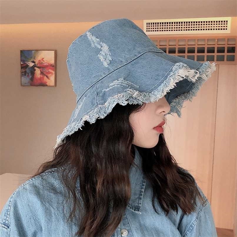 

MAXSITI U Vintage Denim Bucket Hat Women Washed cotton fisherman hat tassel Big Brim fashion leisure basin hat 211227, Adjustable