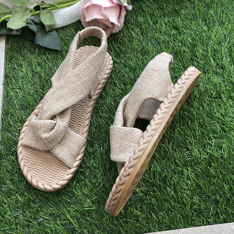 

2021 new sandals women's summer wear straw linen ROMAN SANDALS elastic band cross flat women's shoes, Black