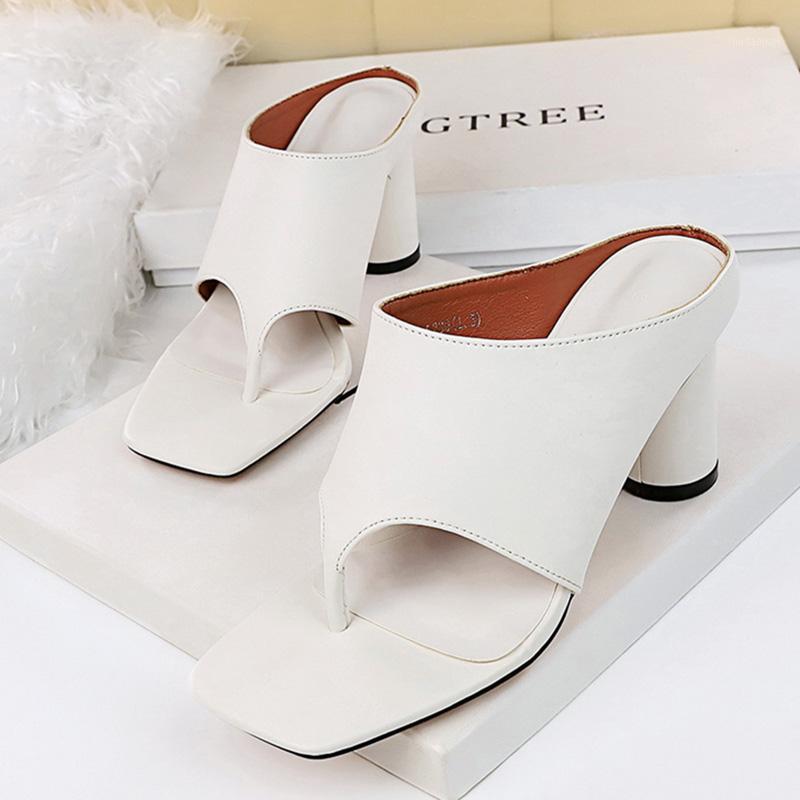 

2020 New Summer Fashion Women 8cm Round High Heels Slides flip flops Heels Slippers Square Toe Leather Slides Lady Wedding Shoes1, Black